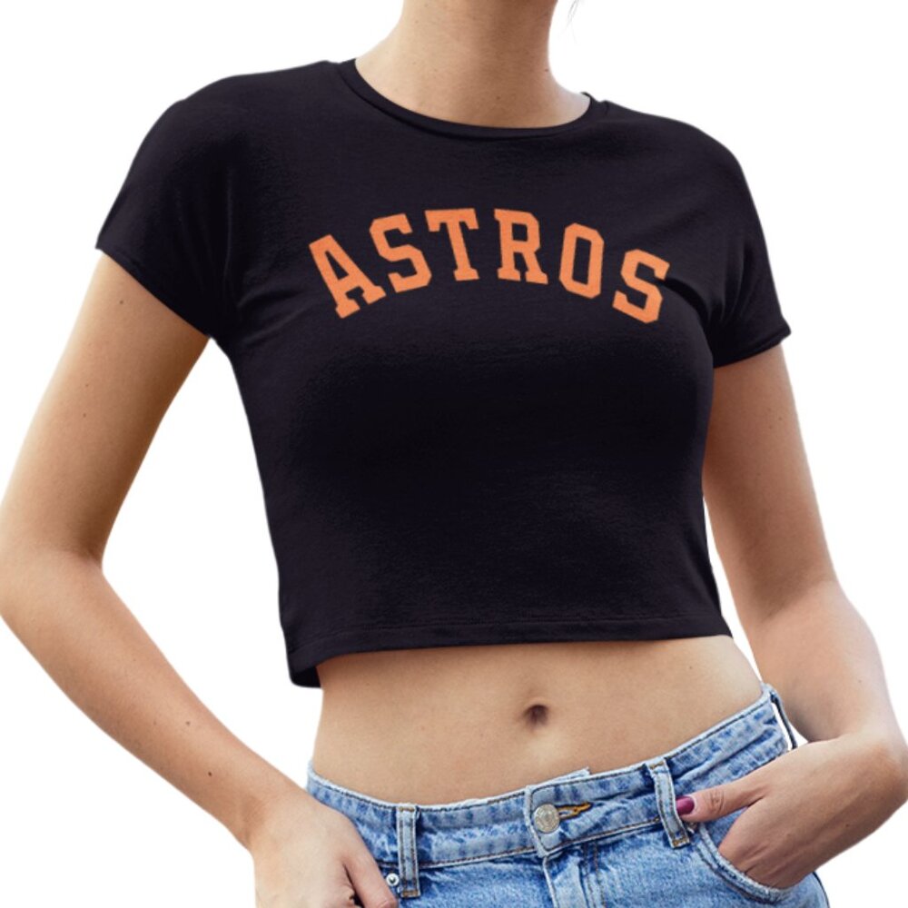 NEW Houston Astros Arch Team Color Pop Form Fit Crop Top Shirt BLACK